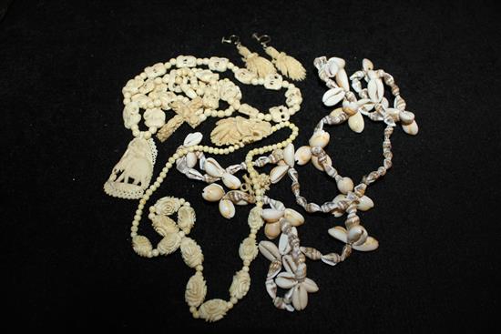 Collection of ivory necklaces, brooch, earrings & pendants